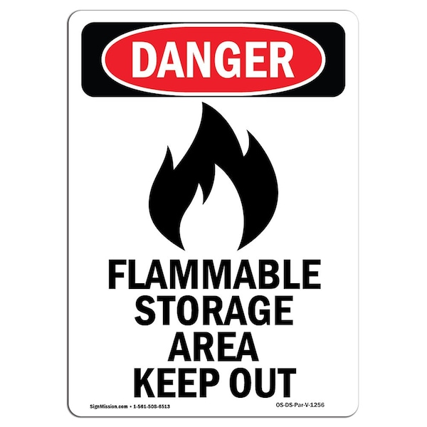 Safety Sign, OSHA Danger, 24" Height, Rigid Plastic, Flammable Storage Area, Portrait